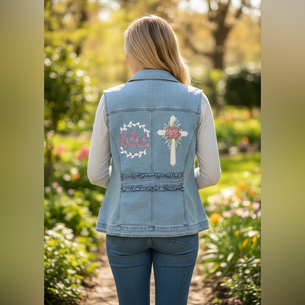 Upcycled Light Wash Denim Vest With Hand Painted Cross & Floral Detail